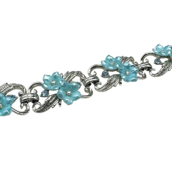 VTG Signed Star Blue Thermoset Floral & Blue Rhinestone Silver Tone Bracelet - Picture 2 of 9